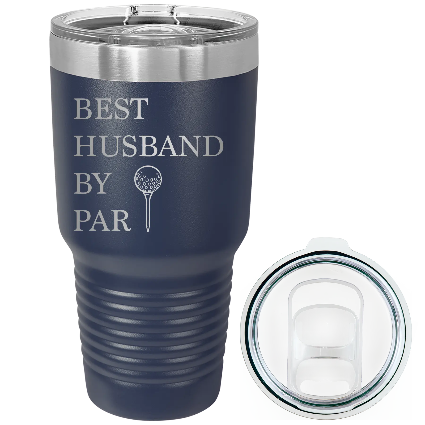 Laser etched navy 30 oz vacuum insulated tumbler with 'Best Husband by Par' design