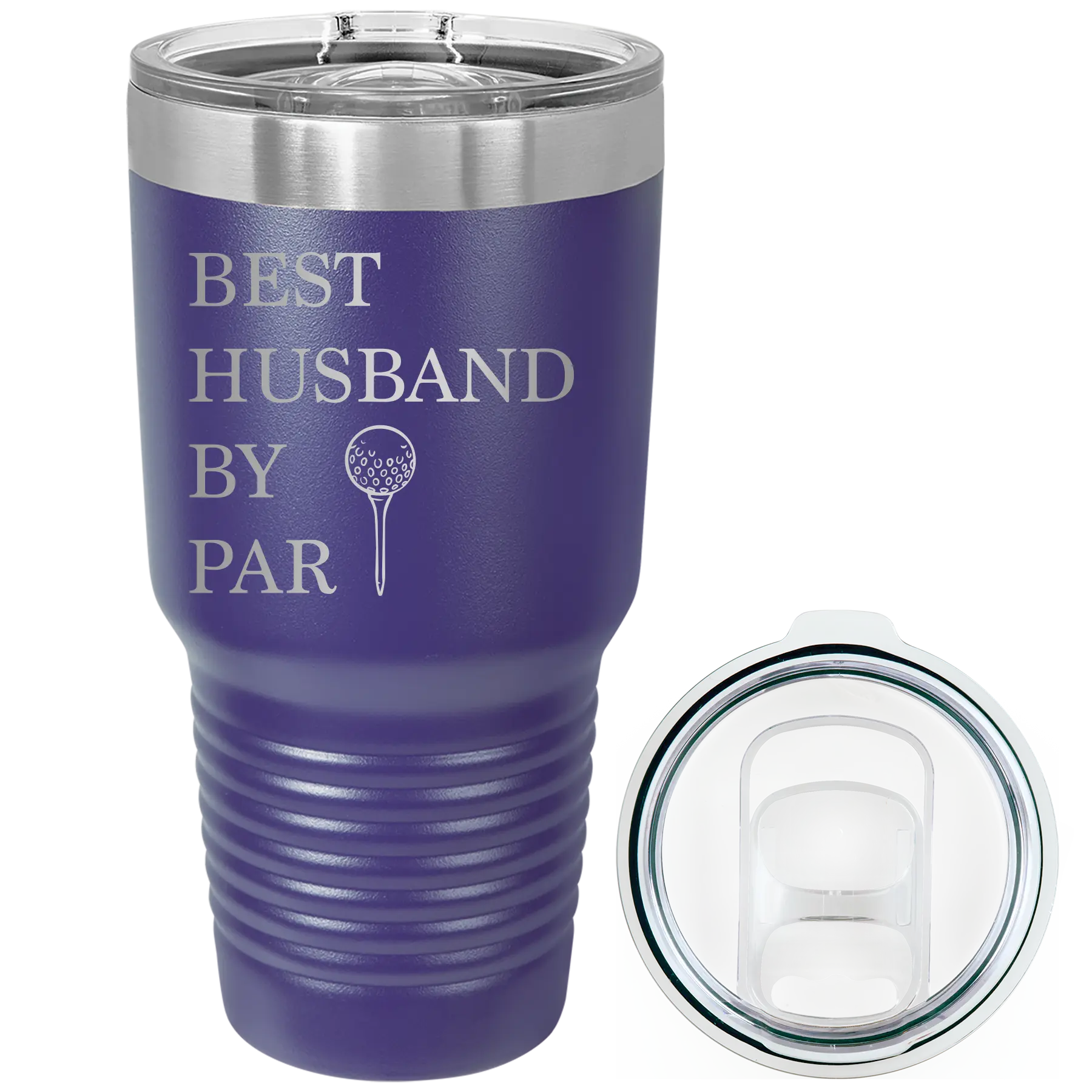 Laser etched purple 30 oz vacuum insulated tumbler with 'Best Husband by Par' design