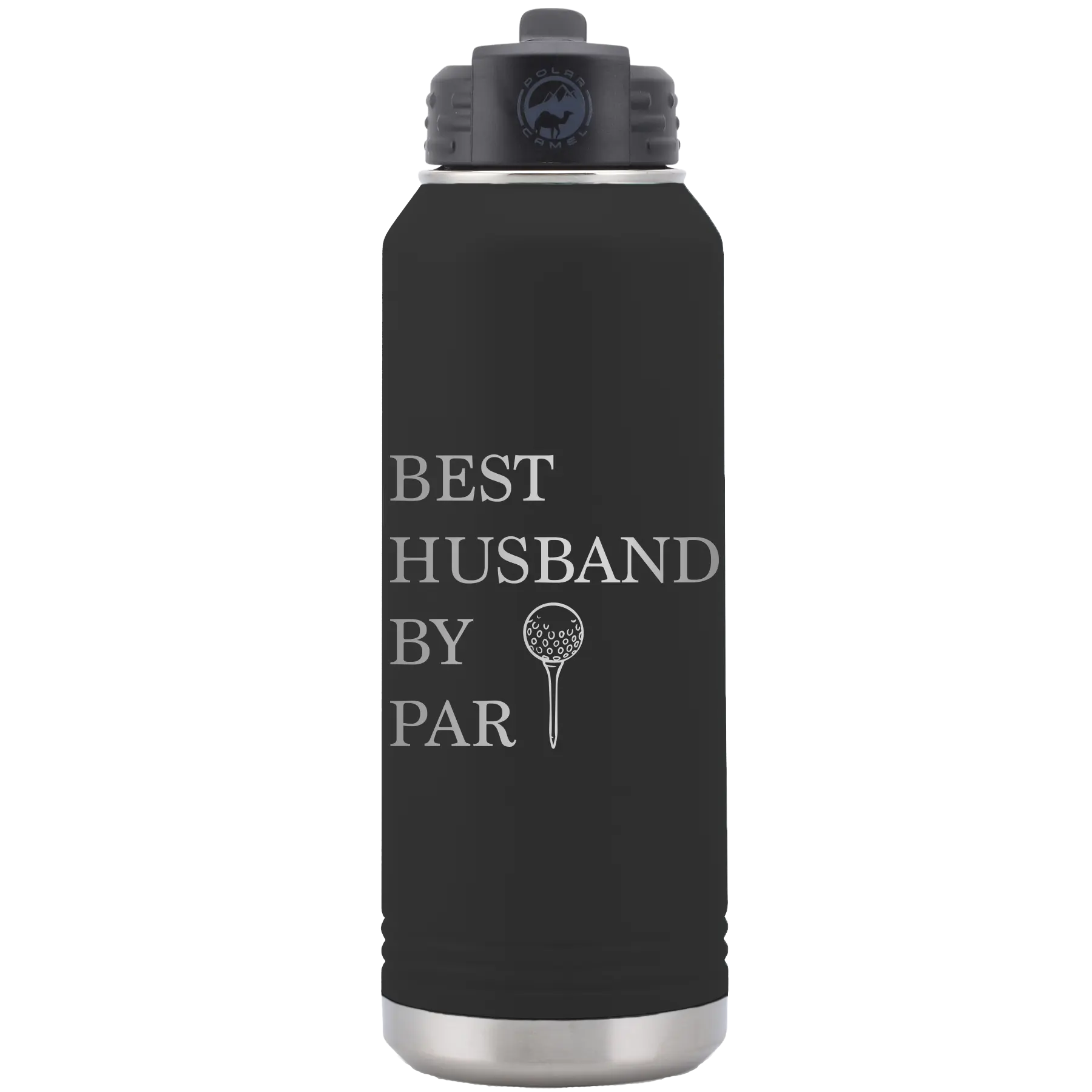 Laser etched black 32 oz vacuum insulated water bottle with 'Best Husband by Par' design