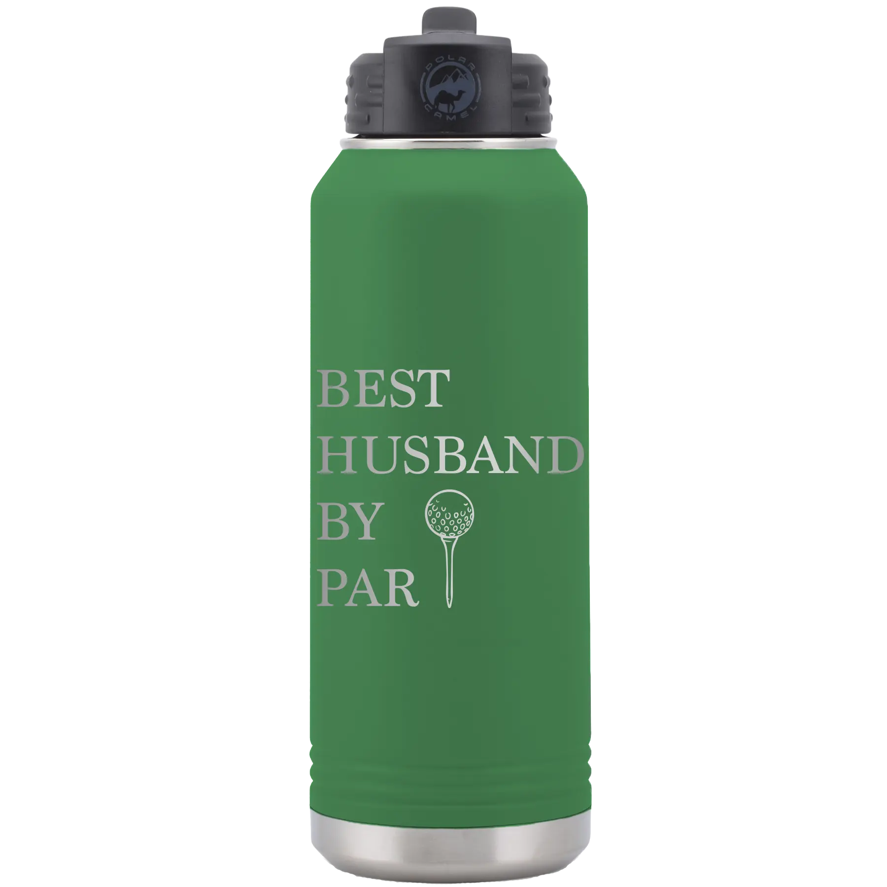Laser etched green 32 oz vacuum insulated water bottle with 'Best Husband by Par' design
