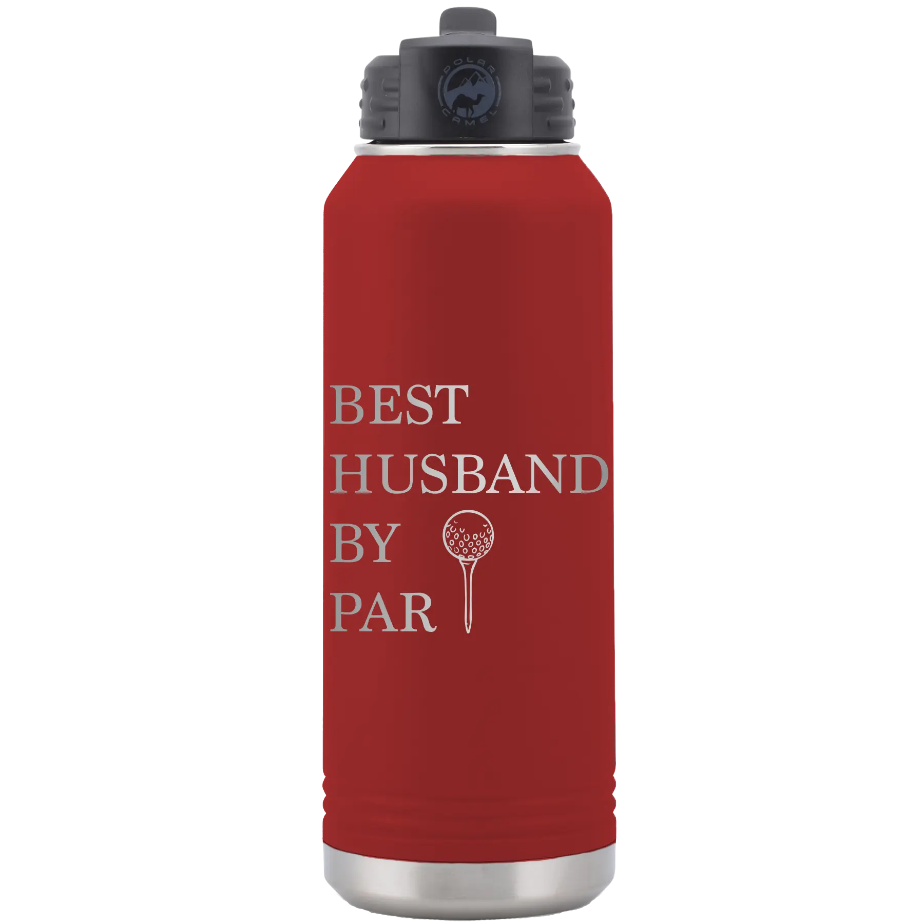 Laser etched maroon 32 oz vacuum insulated water bottle with 'Best Husband by Par' design