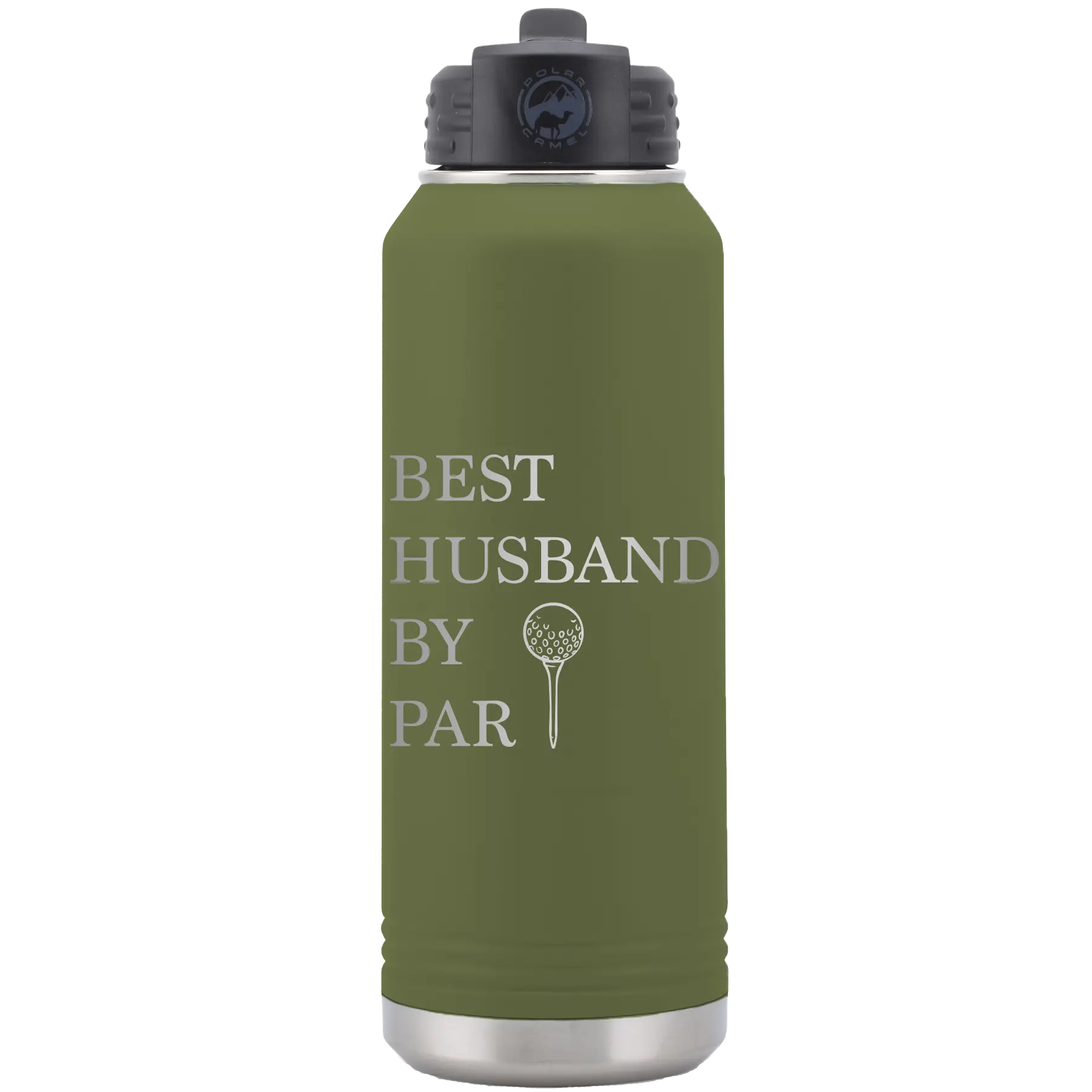 Laser etched olive green 32 oz vacuum insulated water bottle with 'Best Husband by Par' design