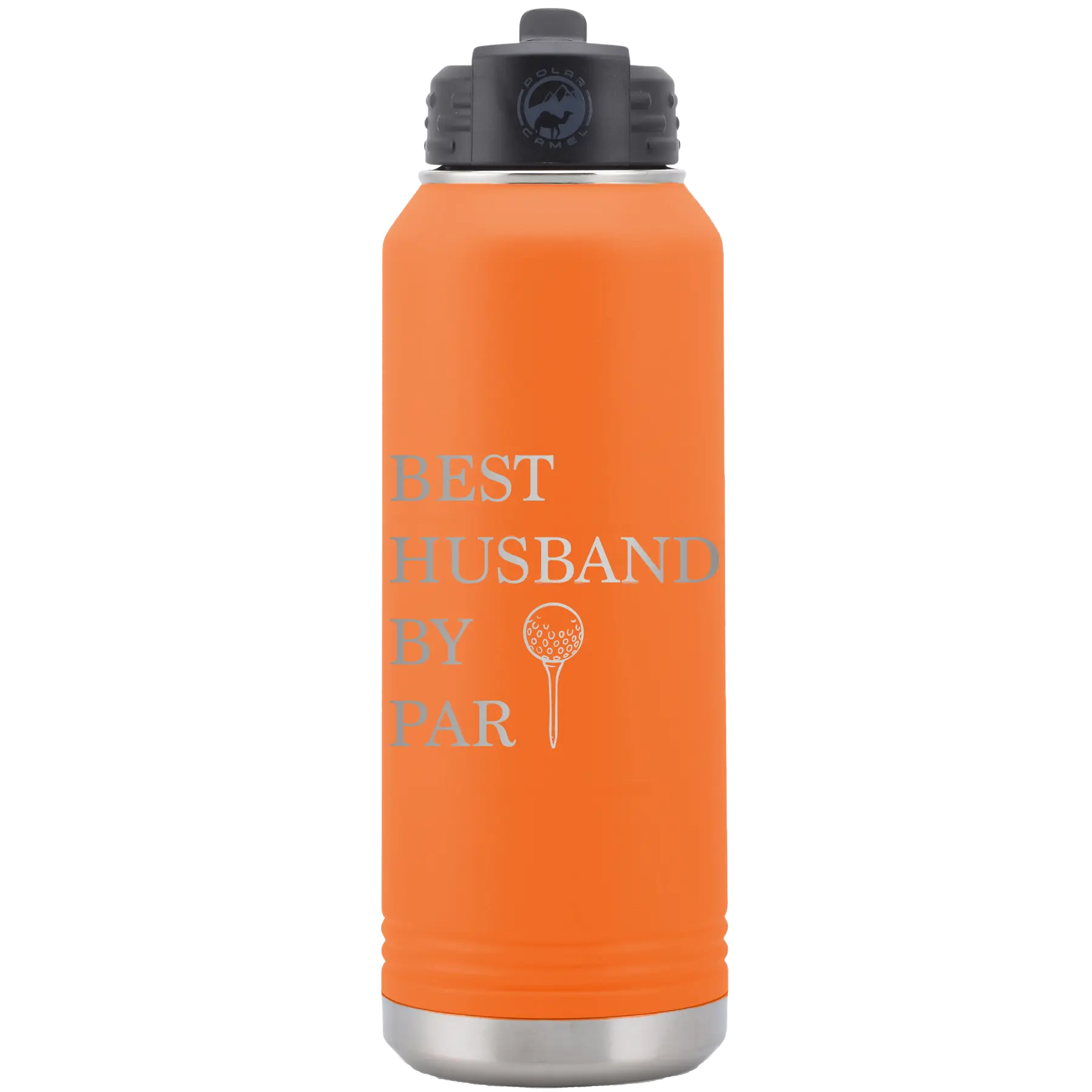 Laser etched orange 32 oz vacuum insulated water bottle with 'Best Husband by Par' design