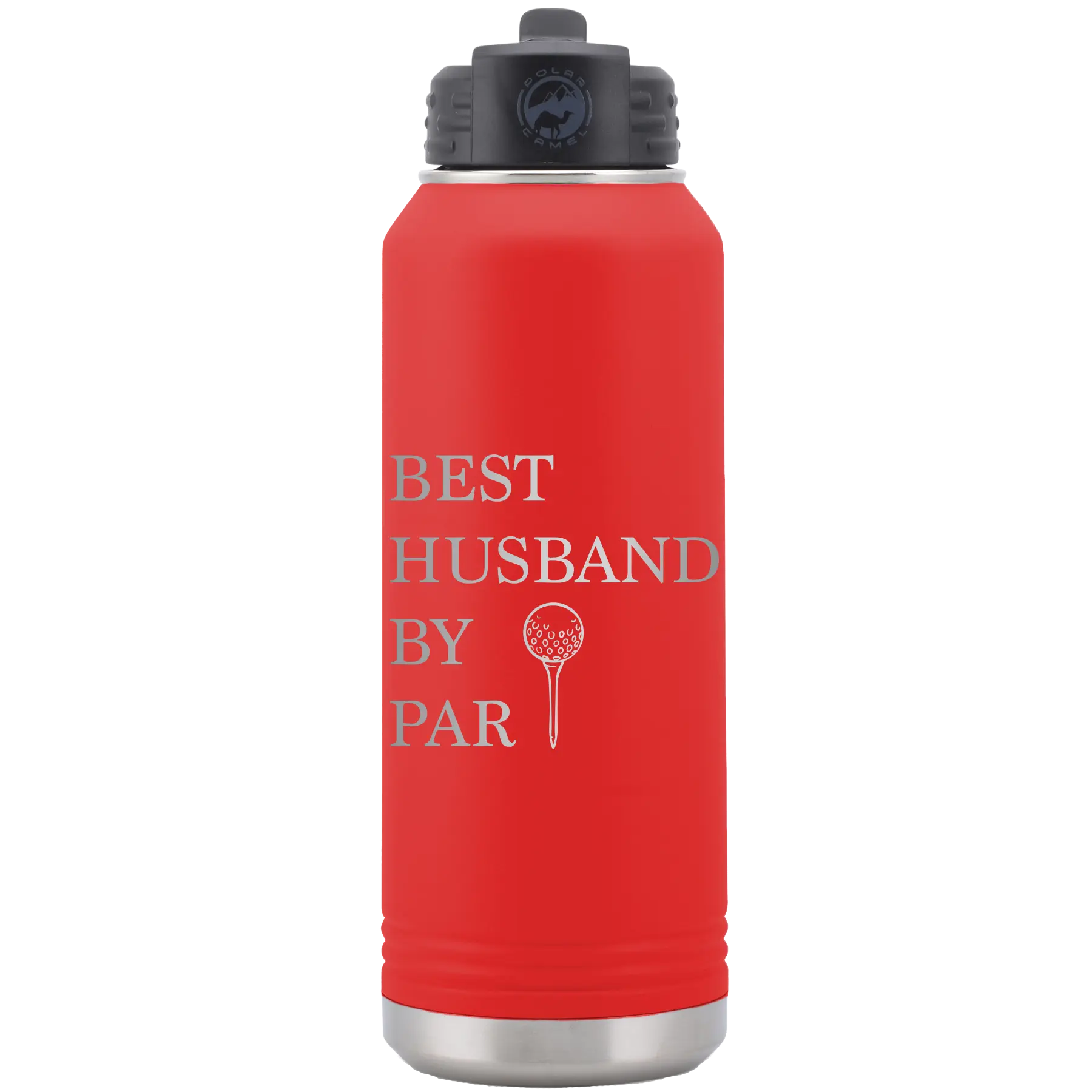 Laser etched red 32 oz vacuum insulated water bottle with 'Best Husband by Par' design