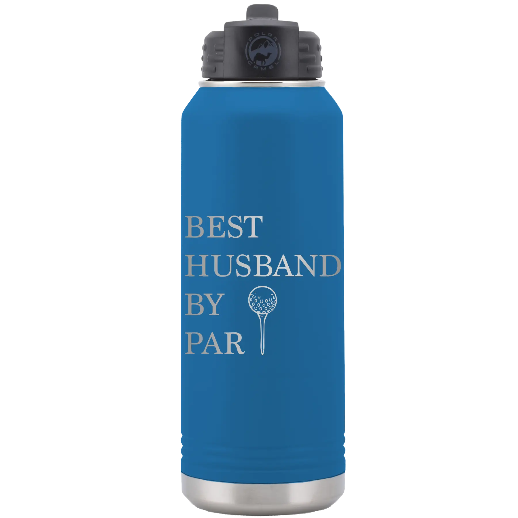 Laser etched royal blue 32 oz vacuum insulated water bottle with 'Best Husband by Par' design