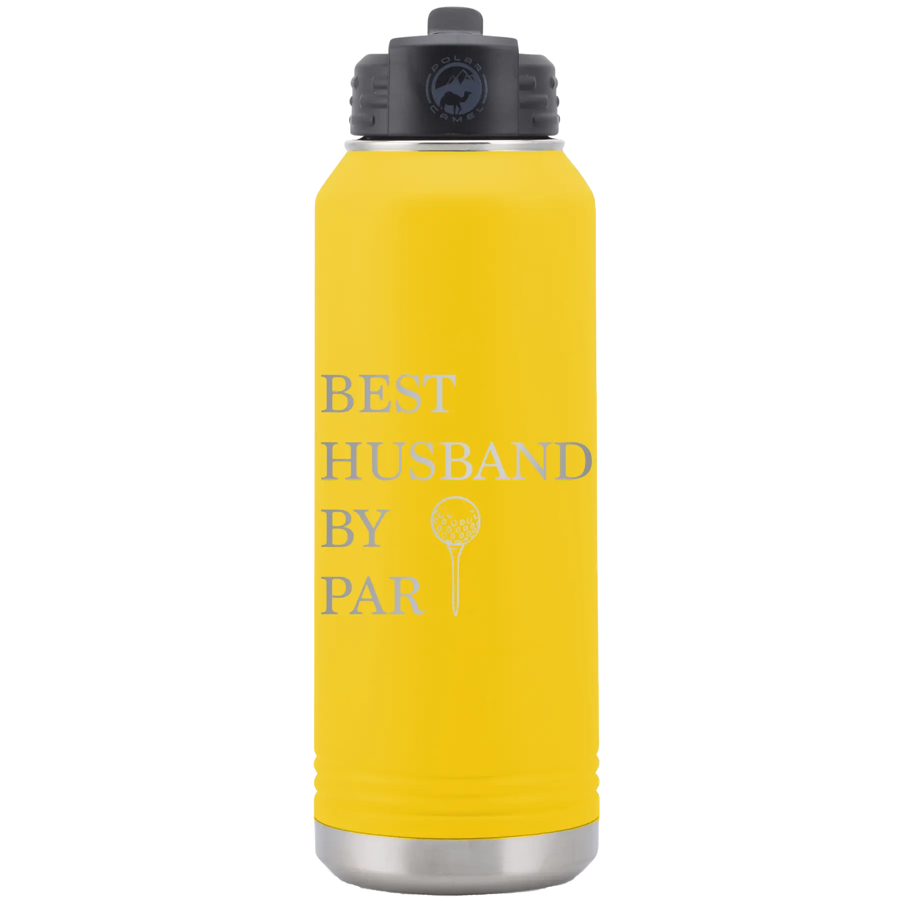 Laser etched yellow 32 oz vacuum insulated water bottle with 'Best Husband by Par' design