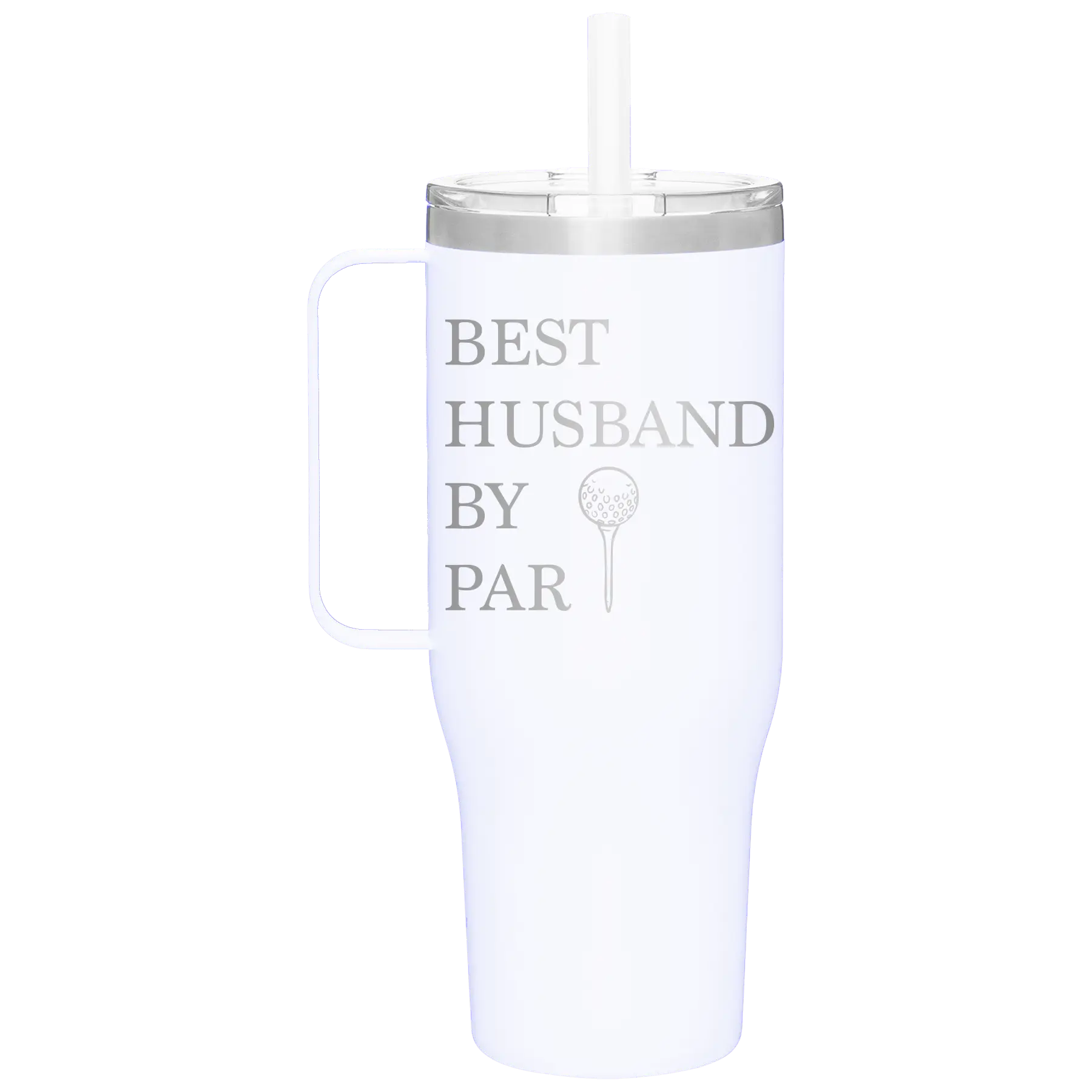 Personalized white 40 oz vacuum insulated tumbler mug with 'Best Husband by Par' design