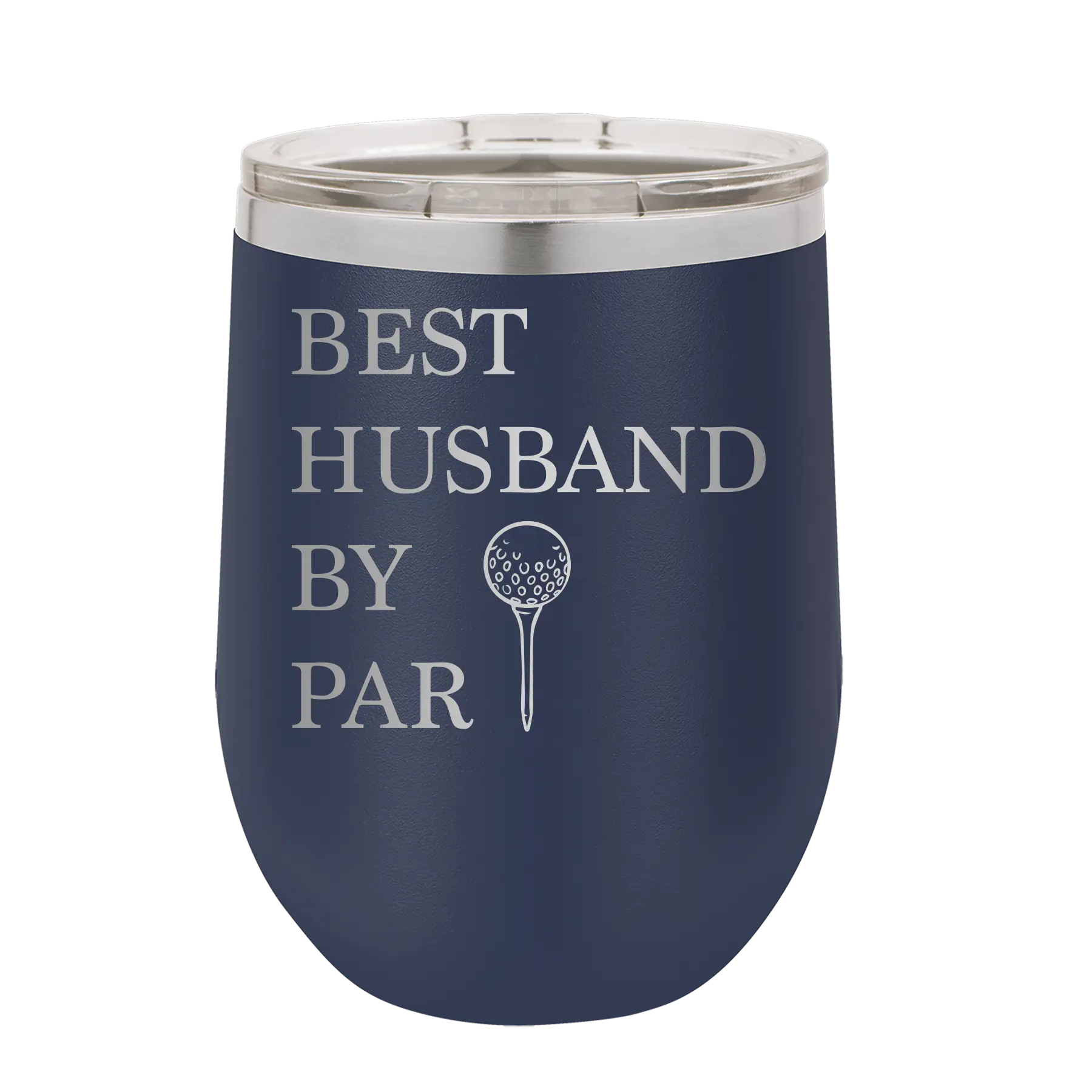 Personalized navy 12 oz vacuum insulated wine cup with etched 'Best Husband by Par' design