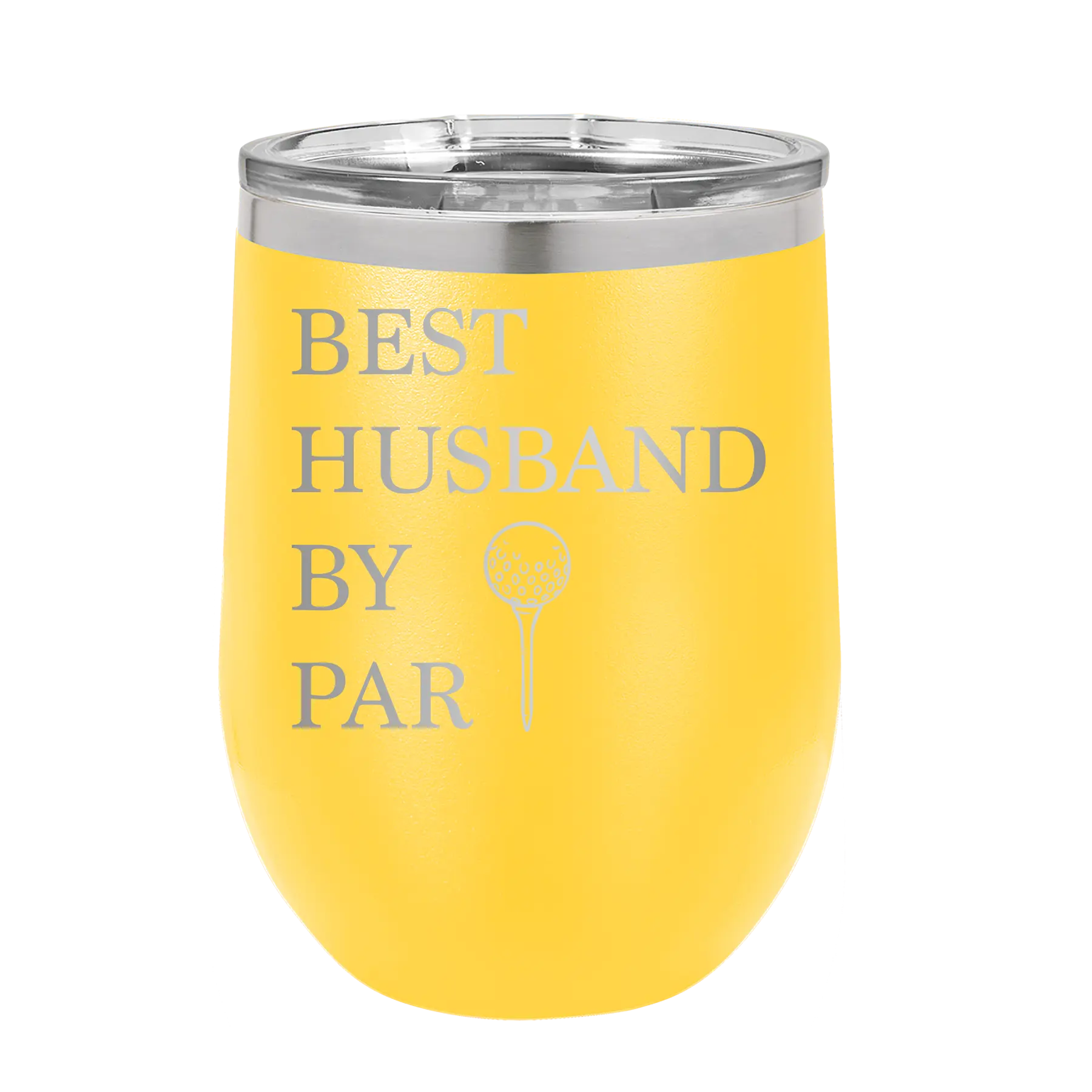 Personalized yellow 12 oz vacuum insulated wine cup with etched 'Best Husband by Par' design