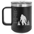 Personalized black 15 oz vacuum insulated coffee mug with etched 'Bigfoot' design
