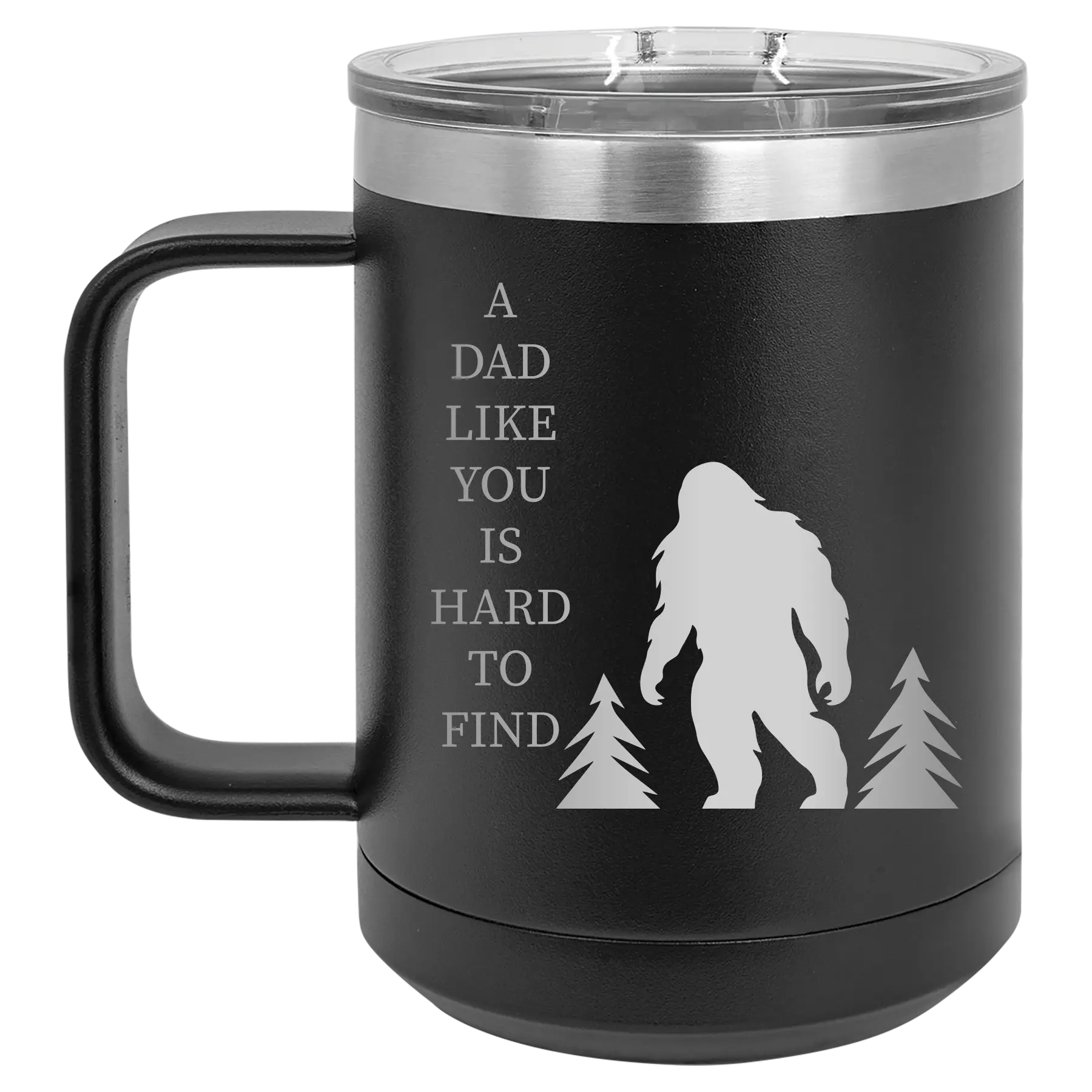 Personalized black 15 oz vacuum insulated coffee mug with etched 'Bigfoot' design
