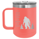Personalized coral 15 oz vacuum insulated coffee mug with etched 'Bigfoot' design
