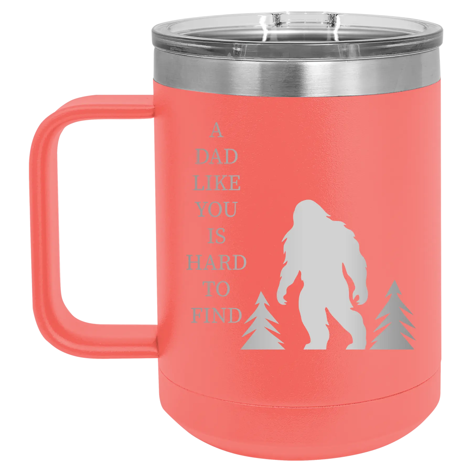Personalized coral 15 oz vacuum insulated coffee mug with etched 'Bigfoot' design