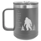 Personalized dark gray 15 oz vacuum insulated coffee mug with etched 'Bigfoot' design