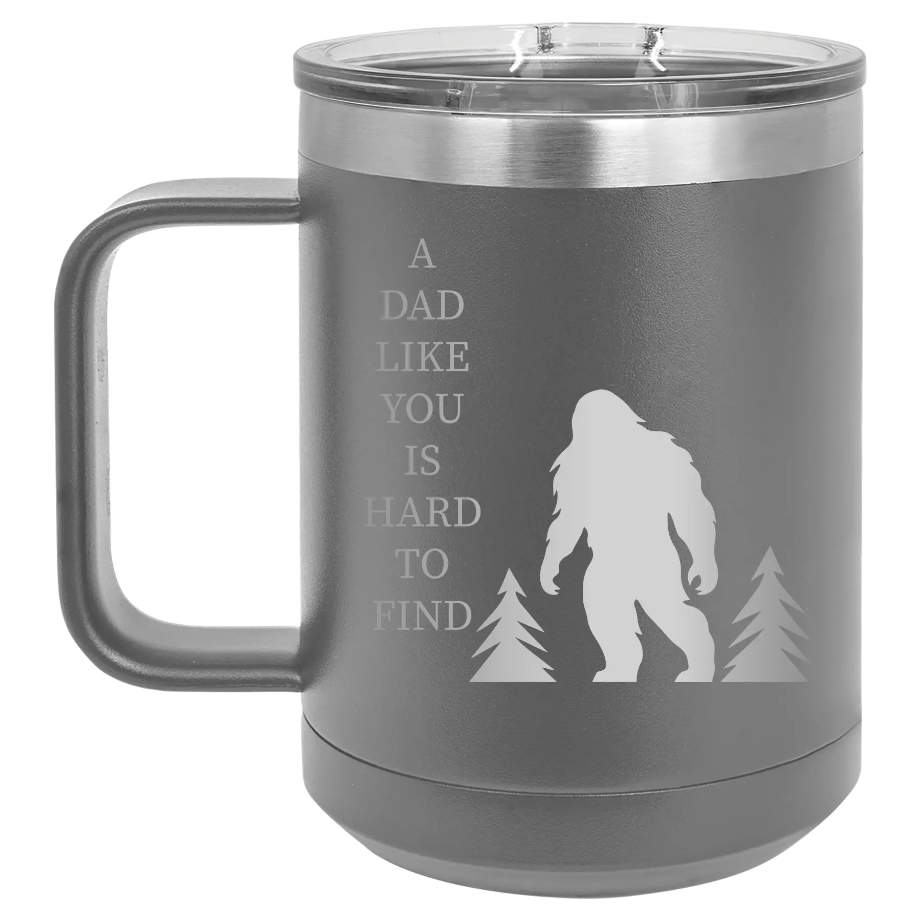 Personalized dark gray 15 oz vacuum insulated coffee mug with etched 'Bigfoot' design