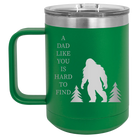 Personalized green 15 oz vacuum insulated coffee mug with etched 'Bigfoot' design