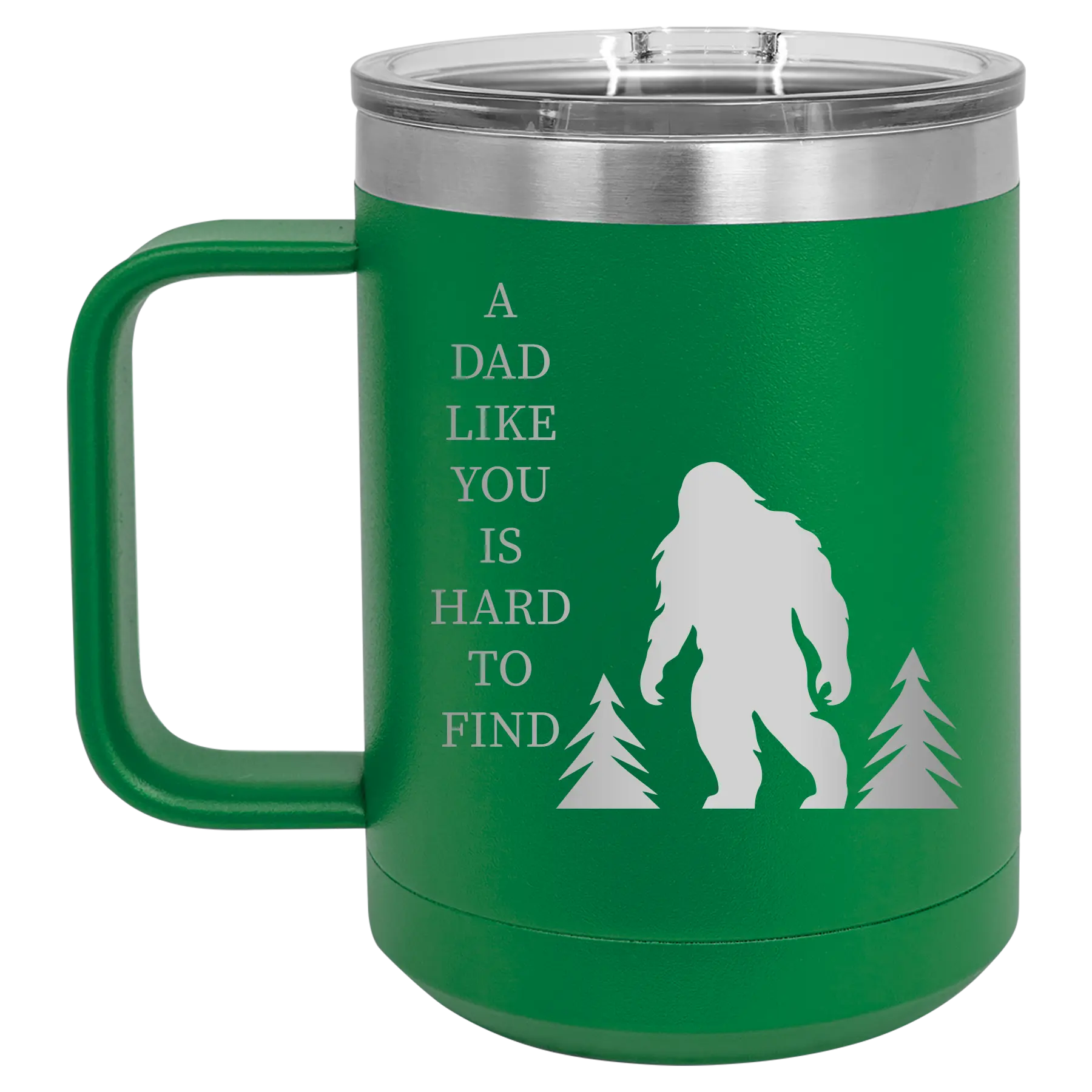 Personalized green 15 oz vacuum insulated coffee mug with etched 'Bigfoot' design