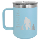 Personalized light blue 15 oz vacuum insulated coffee mug with etched 'Bigfoot' design