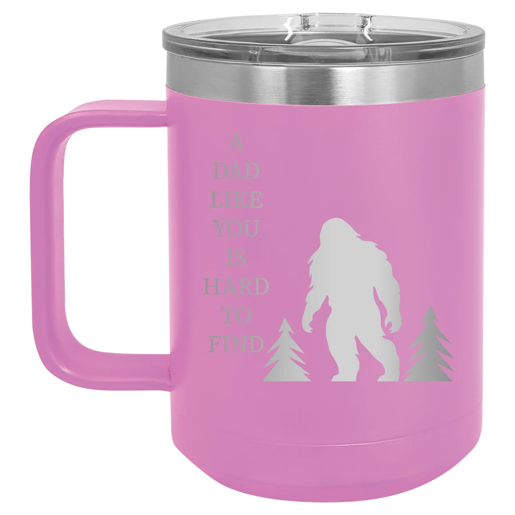 Personalized light purple 15 oz vacuum insulated coffee mug with etched 'Bigfoot' design