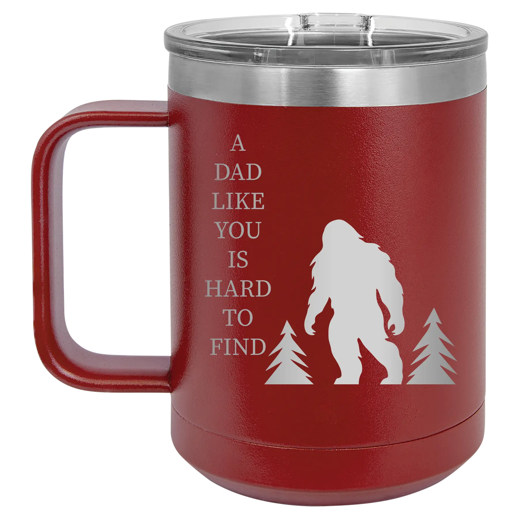 Personalized maroon 15 oz vacuum insulated coffee mug with etched 'Bigfoot' design
