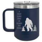 Personalized navy 15 oz vacuum insulated coffee mug with etched 'Bigfoot' design