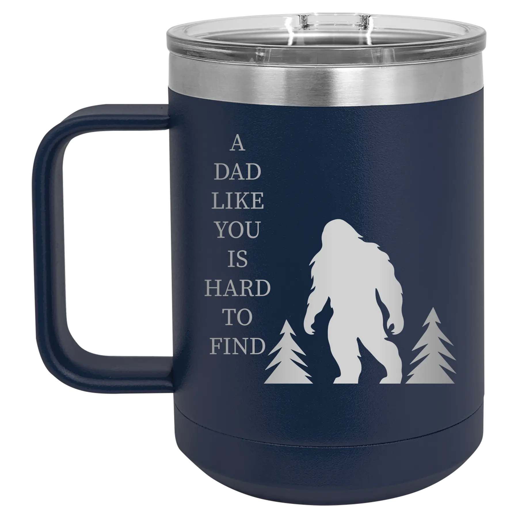 Personalized navy 15 oz vacuum insulated coffee mug with etched 'Bigfoot' design