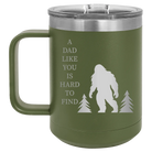 Personalized olive green 15 oz vacuum insulated coffee mug with etched 'Bigfoot' design