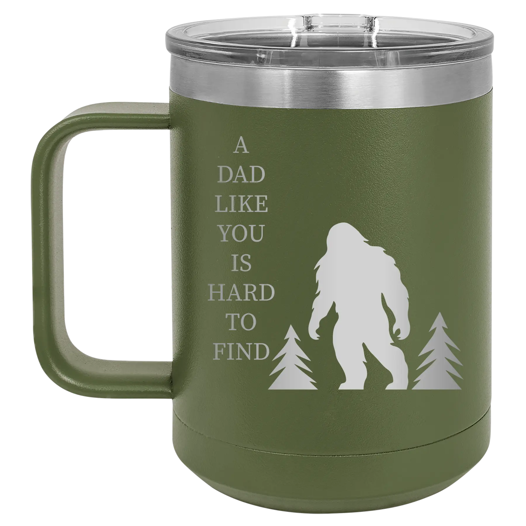 Personalized olive green 15 oz vacuum insulated coffee mug with etched 'Bigfoot' design