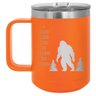 Personalized orange 15 oz vacuum insulated coffee mug with etched 'Bigfoot' design