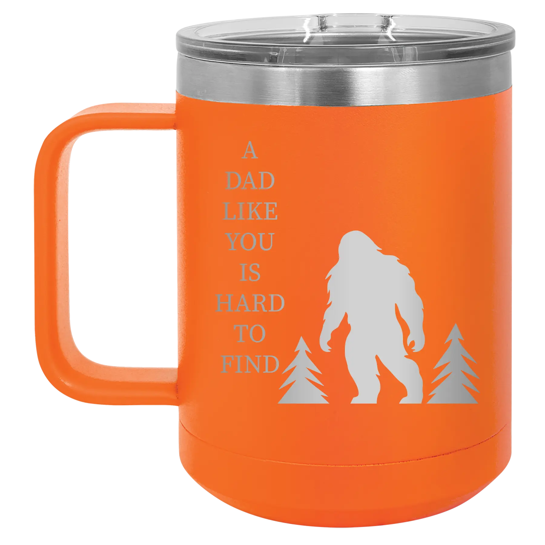 Personalized orange 15 oz vacuum insulated coffee mug with etched 'Bigfoot' design