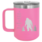 Personalized pink 15 oz vacuum insulated coffee mug with etched 'Bigfoot' design