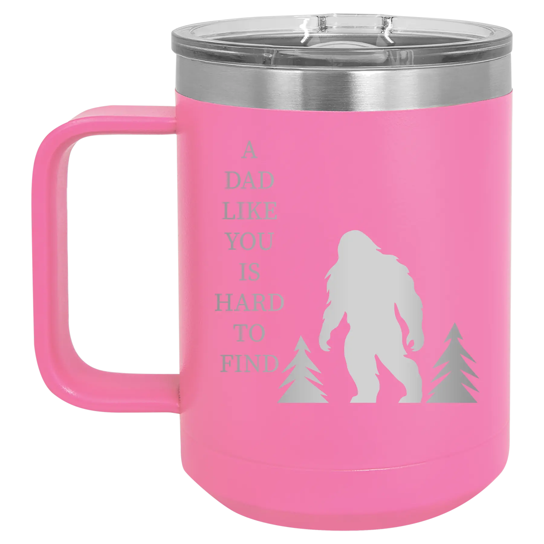 Personalized pink 15 oz vacuum insulated coffee mug with etched 'Bigfoot' design