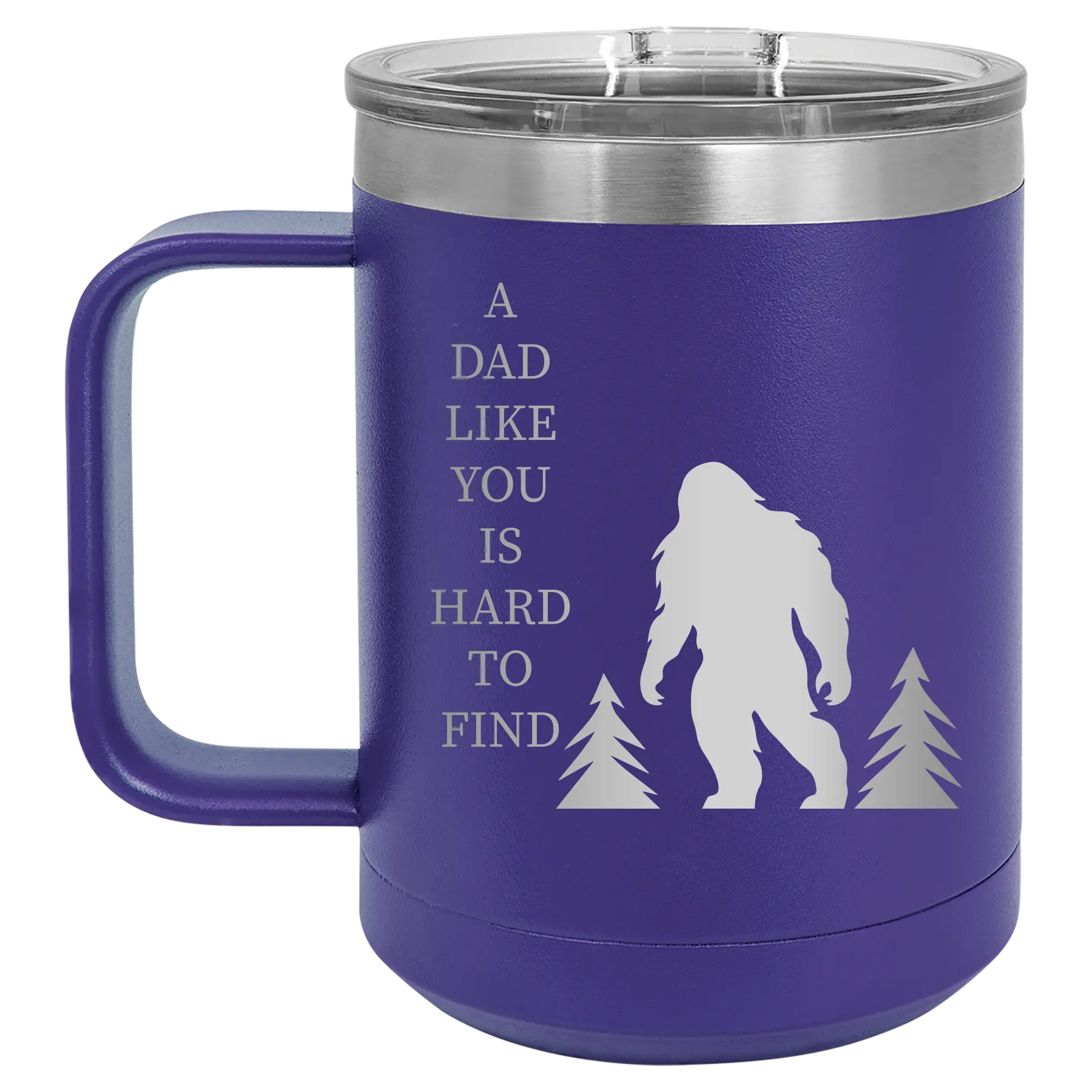 Personalized purple 15 oz vacuum insulated coffee mug with etched 'Bigfoot' design