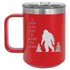 Personalized red 15 oz vacuum insulated coffee mug with etched 'Bigfoot' design