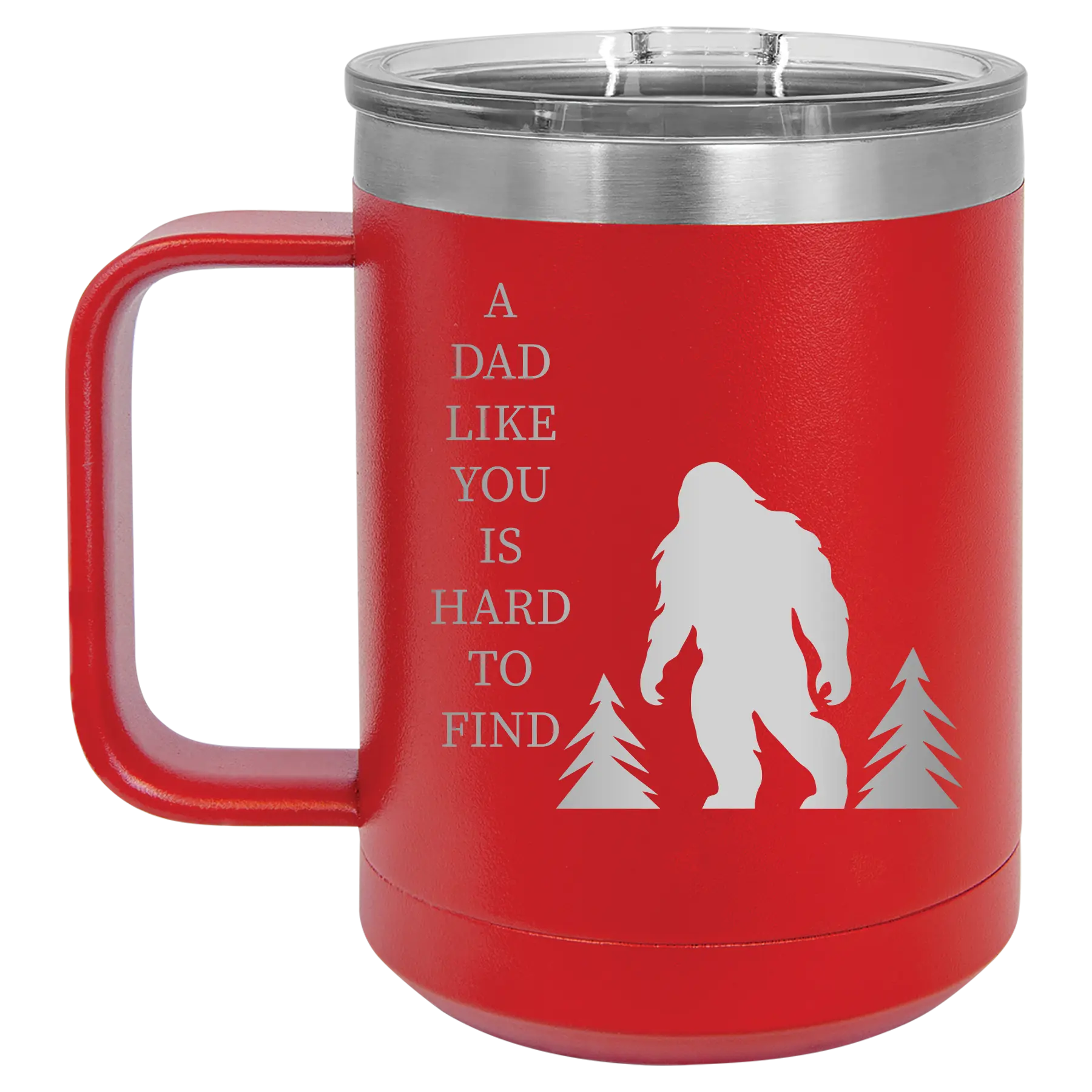 Personalized red 15 oz vacuum insulated coffee mug with etched 'Bigfoot' design
