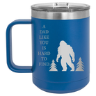 Personalized royal blue 15 oz vacuum insulated coffee mug with etched 'Bigfoot' design