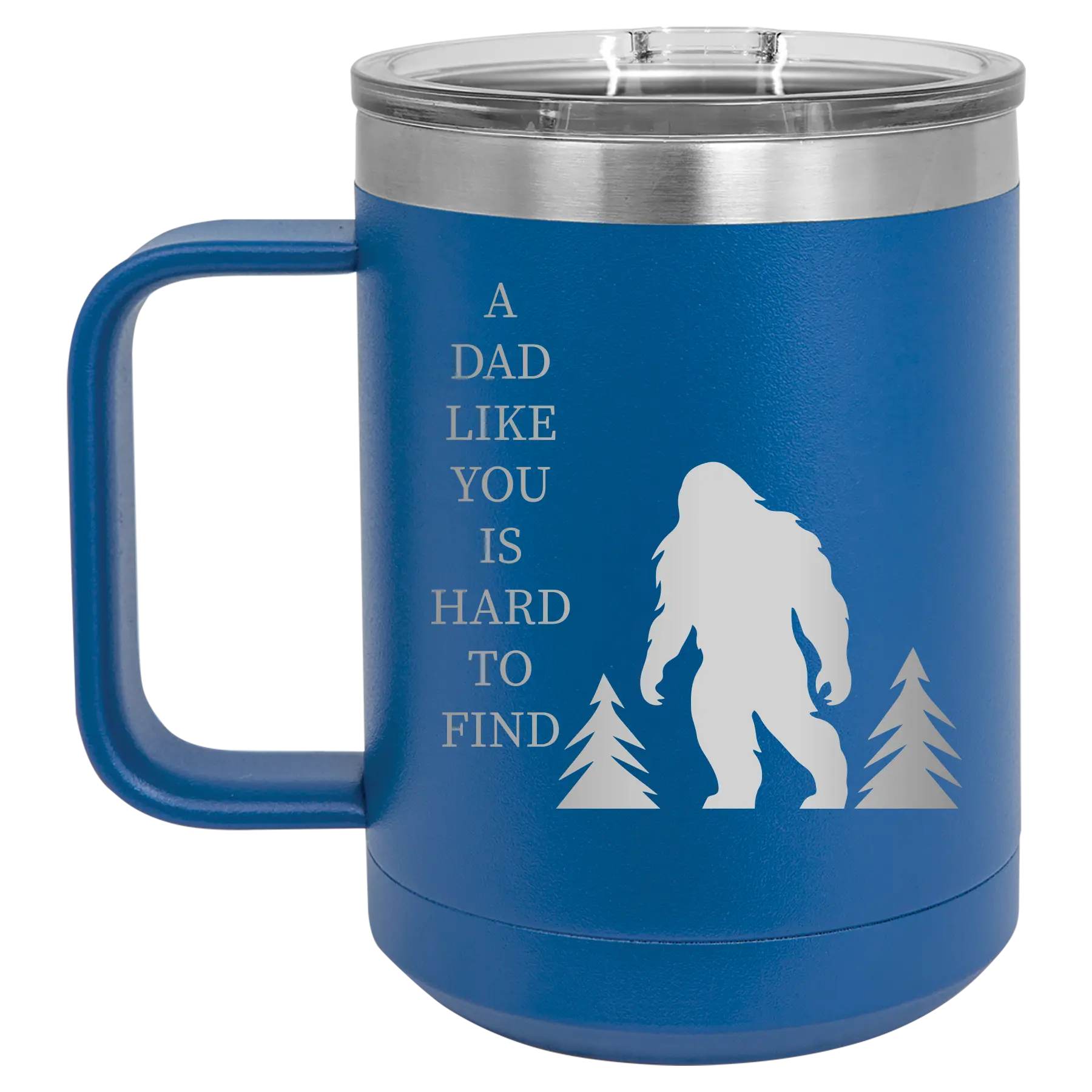 Personalized royal blue 15 oz vacuum insulated coffee mug with etched 'Bigfoot' design