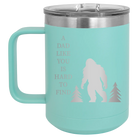 Personalized teal 15 oz vacuum insulated coffee mug with etched 'Bigfoot' design