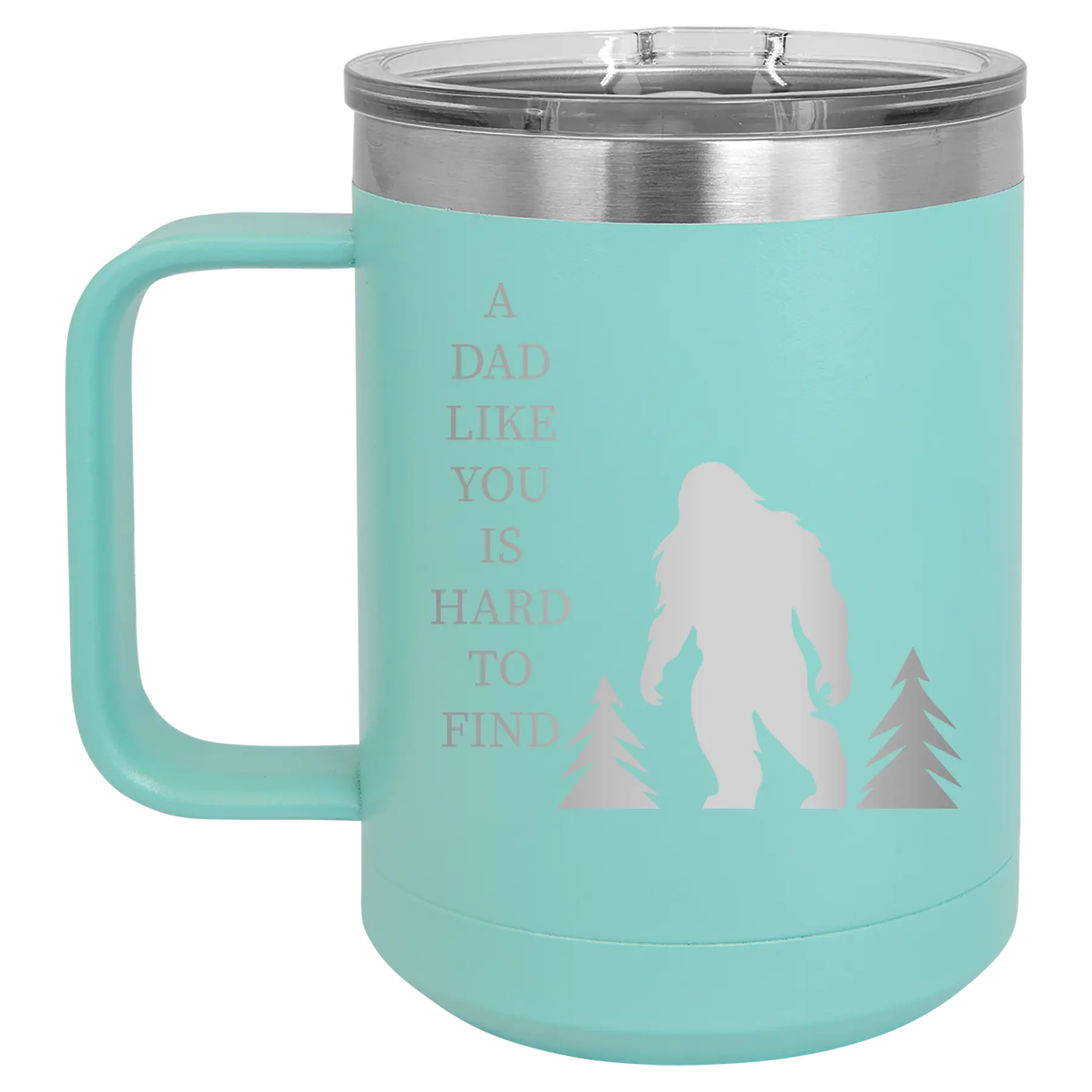Personalized teal 15 oz vacuum insulated coffee mug with etched 'Bigfoot' design