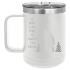 Personalized white 15 oz vacuum insulated coffee mug with etched 'Bigfoot' design