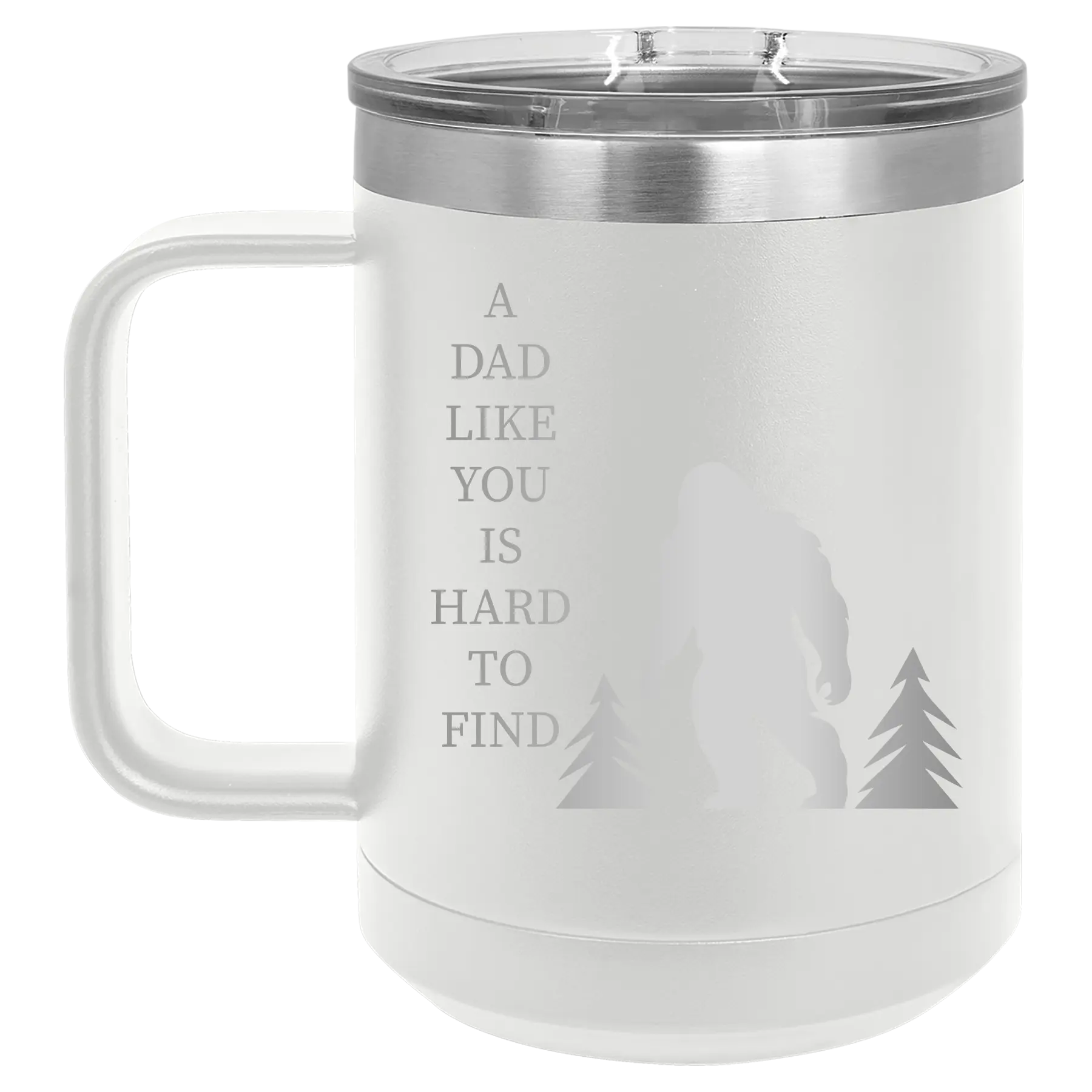 Personalized white 15 oz vacuum insulated coffee mug with etched 'Bigfoot' design