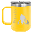 Personalized yellow 15 oz vacuum insulated coffee mug with etched 'Bigfoot' design