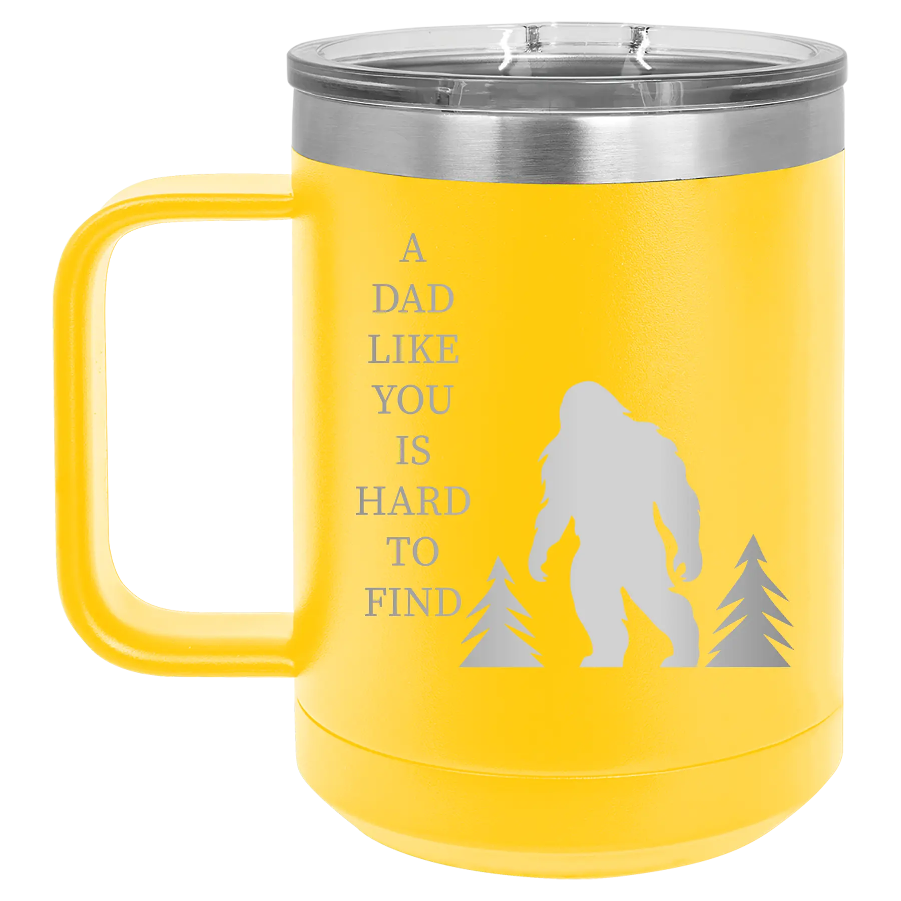 Personalized yellow 15 oz vacuum insulated coffee mug with etched 'Bigfoot' design