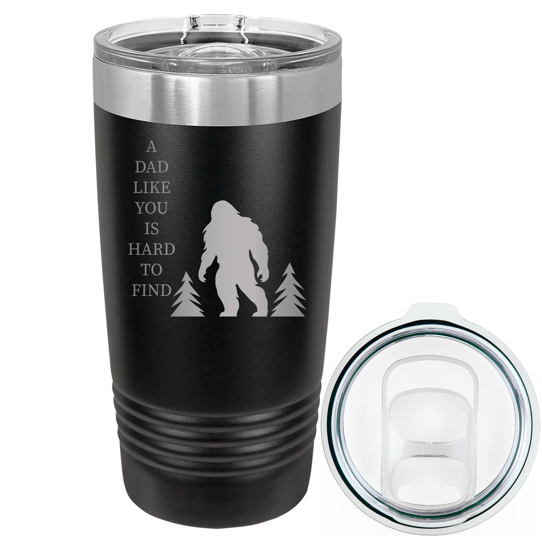 Laser etched black 20 oz vacuum insulated tumbler with 'Bigfoot' design