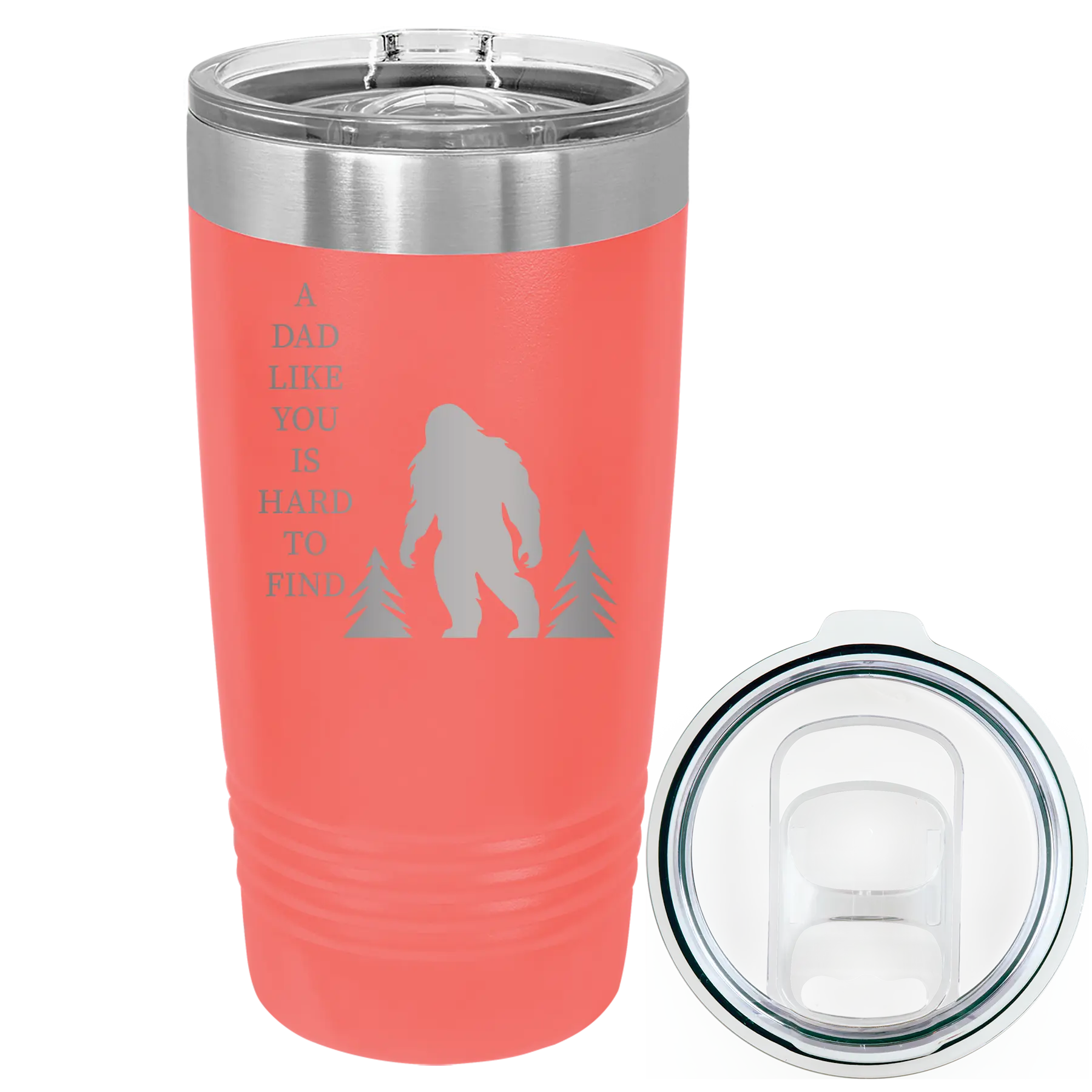 Laser etched coral 20 oz vacuum insulated tumbler with 'Bigfoot' design