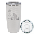 Laser etched white 20 oz golf dimples tumbler with 'Bigfoot' design
