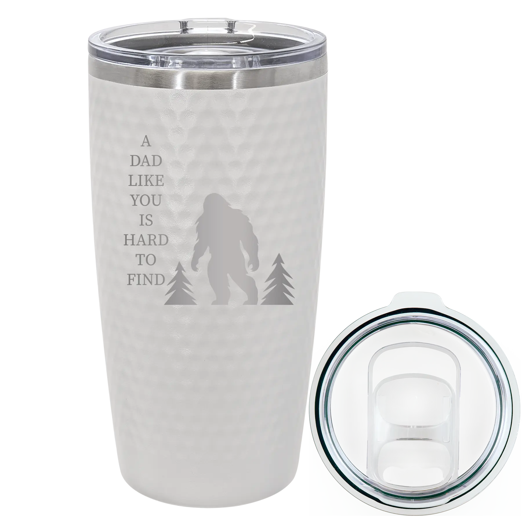 Laser etched white 20 oz golf dimples tumbler with 'Bigfoot' design