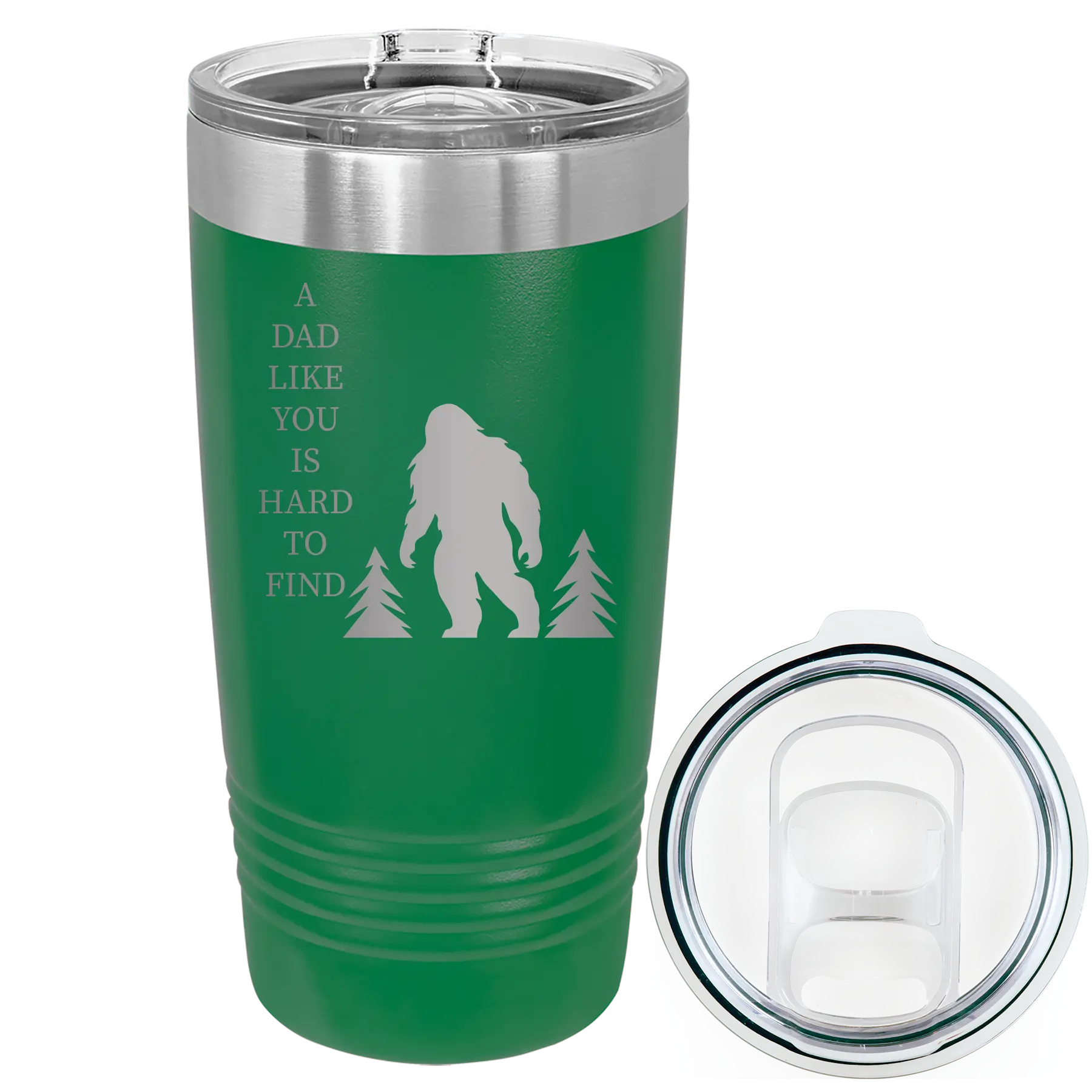 Laser etched green 20 oz vacuum insulated tumbler with 'Bigfoot' design