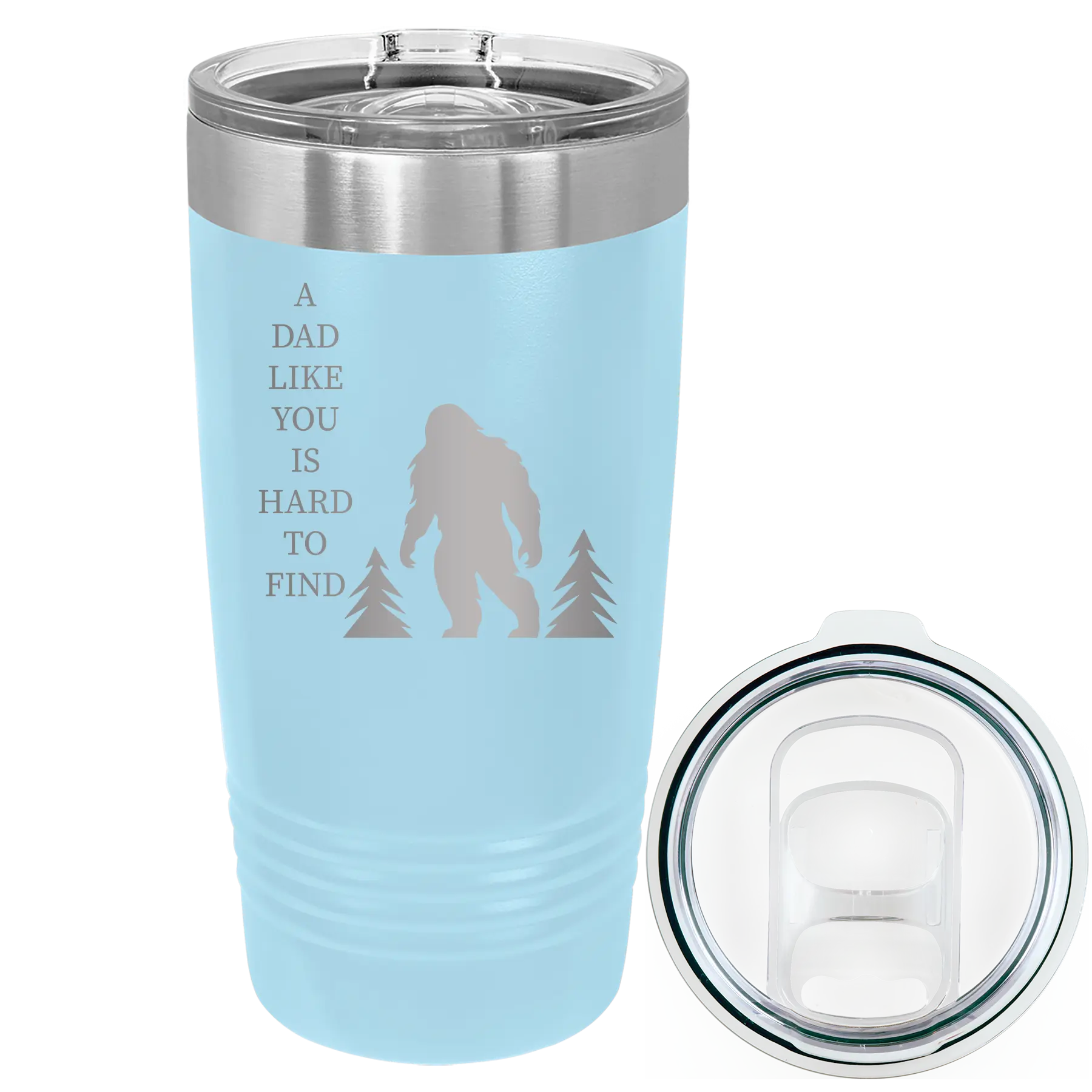 Laser etched light blue 20 oz vacuum insulated tumbler with 'Bigfoot' design