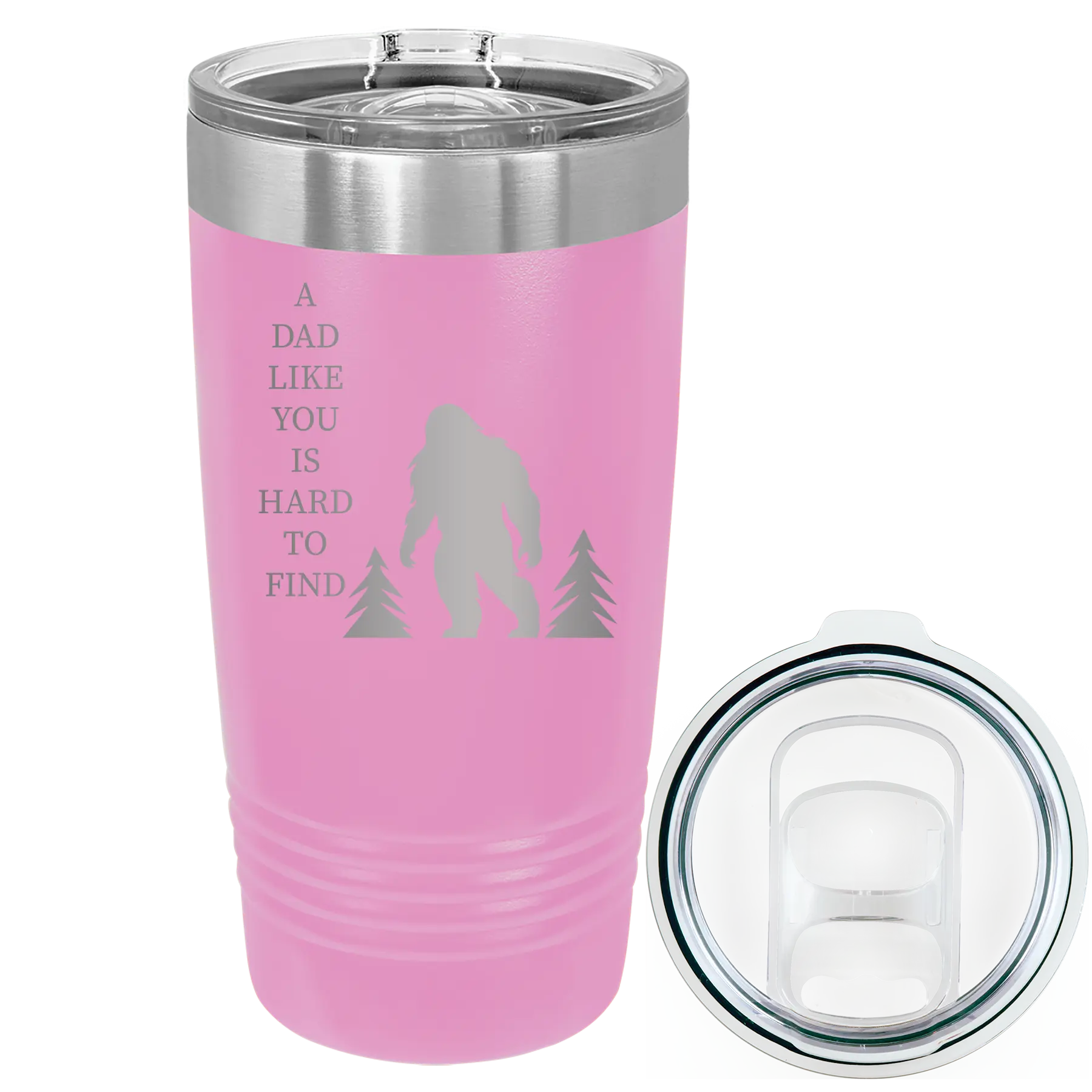 Laser etched light purple 20 oz vacuum insulated tumbler with 'Bigfoot' design